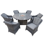Aura 6 Seater Rattan Garden Furniture With Round/Rectangle Table Fire Pit Set In Grey