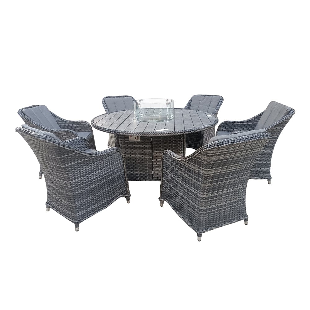 Aura 6 Seater Rattan Garden Furniture With Round/Rectangle Table Fire Pit Set In Grey