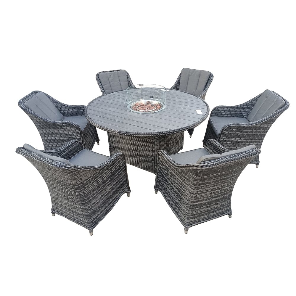 Aura 6 Seater Rattan Garden Furniture With Round/Rectangle Table Fire Pit Set In Grey