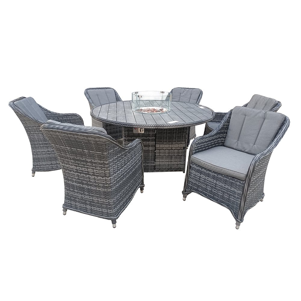Aura 6 Seater Rattan Garden Furniture With Round/Rectangle Table Fire Pit Set In Grey