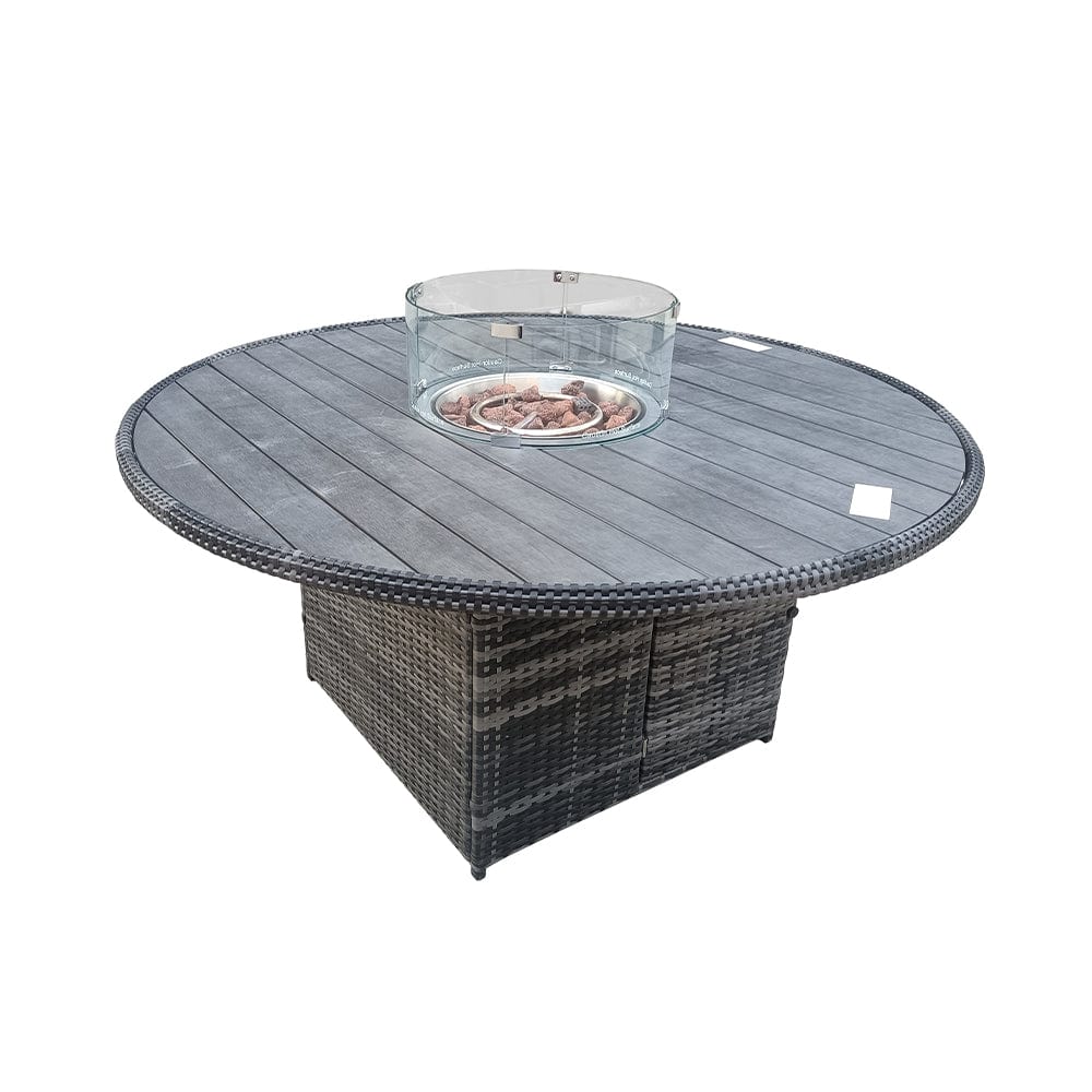 Aura 6 Seater Rattan Garden Furniture With Round/Rectangle Table Fire Pit Set In Grey