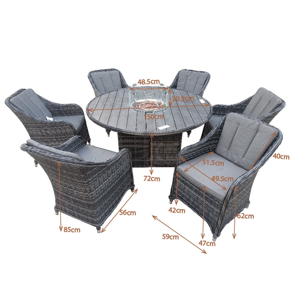Aura 6 Seater Rattan Garden Furniture With Round/Rectangle Table Fire Pit Set In Grey