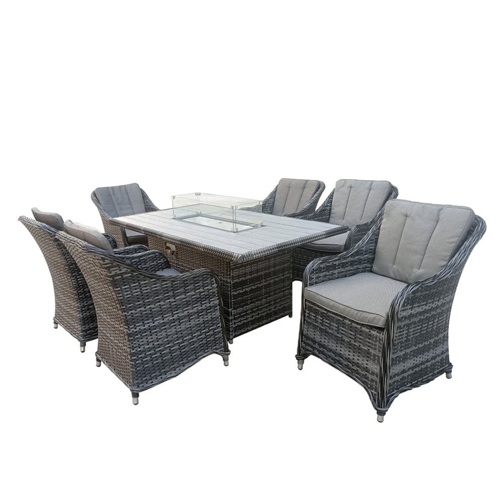 Aura 6 Seater Rattan Garden Furniture With Round/Rectangle Table Fire Pit Set In Grey