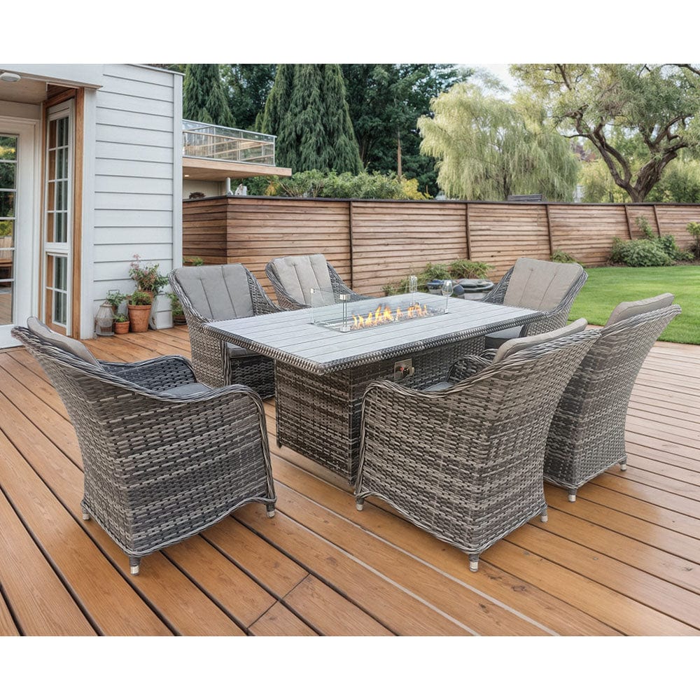 Aura 6 Seater Rattan Garden Furniture With Round/Rectangle Table Fire Pit Set In Grey