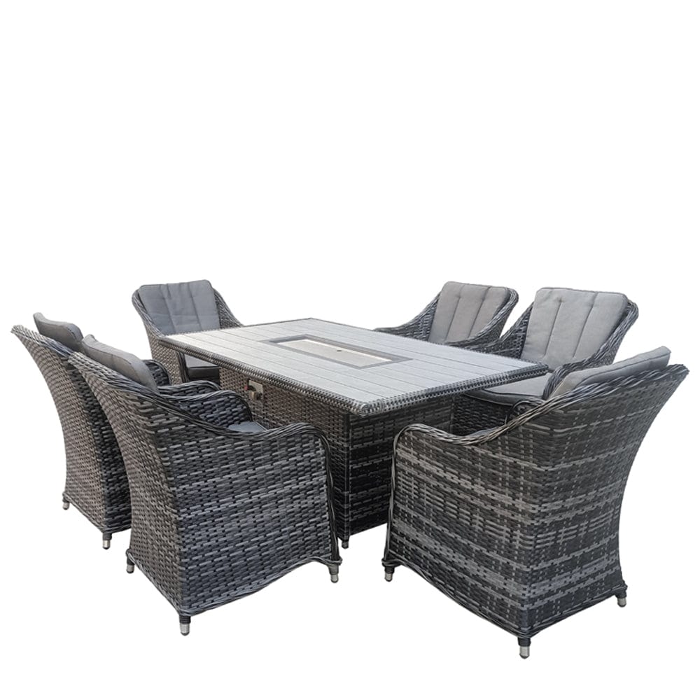 Aura 6 Seater Rattan Garden Furniture With Round/Rectangle Table Fire Pit Set In Grey