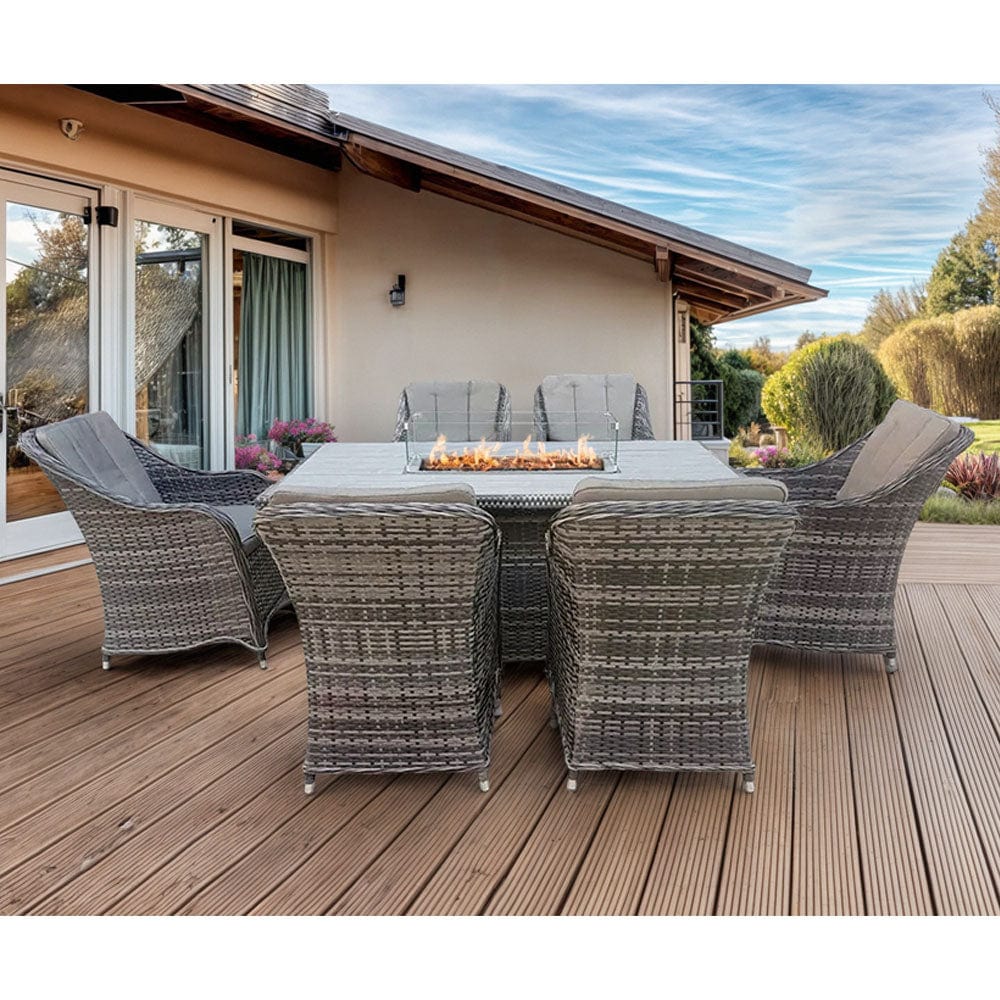Aura 6 Seater Rattan Garden Furniture With Round/Rectangle Table Fire Pit Set In Grey