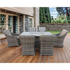 Aura 6 Seater Rattan Garden Furniture With Round/Rectangle Table Fire Pit Set In Grey