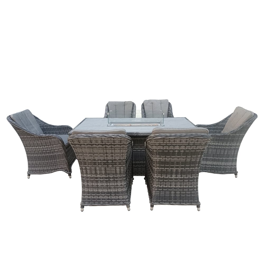 Aura 6 Seater Rattan Garden Furniture With Round/Rectangle Table Fire Pit Set In Grey