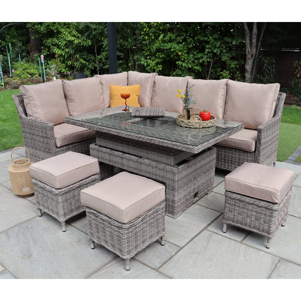 Outdoor Rattan 9 Seater Oxford Corner Dining Set With Ice Bucket and Rising Table