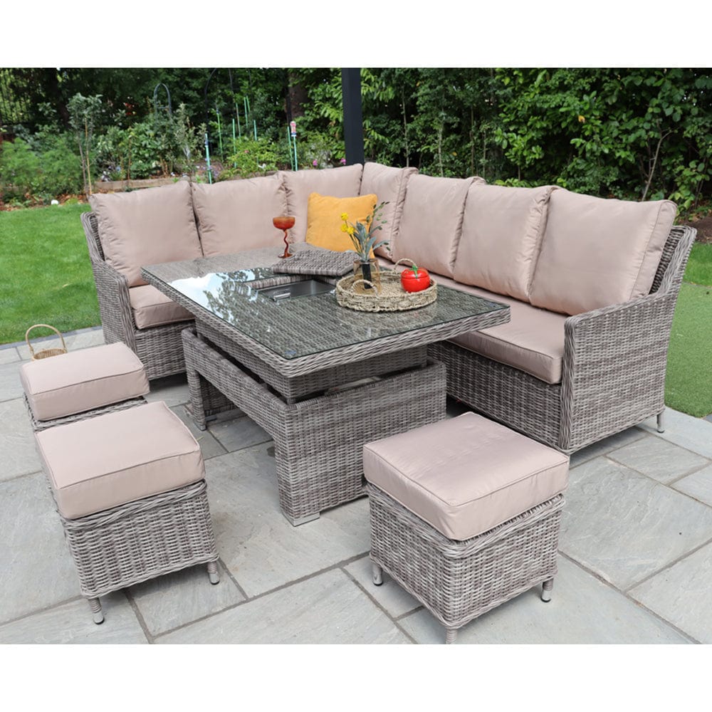 Outdoor Rattan 9 Seater Oxford Corner Dining Set With Ice Bucket and Rising Table