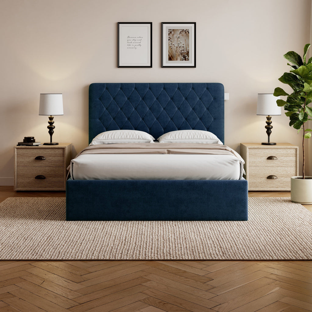 Pneumatic Velvet Bed Ottoman Storage Bed Double / King Bed Lift Up Storage Bed Frame with Tufted Headboard