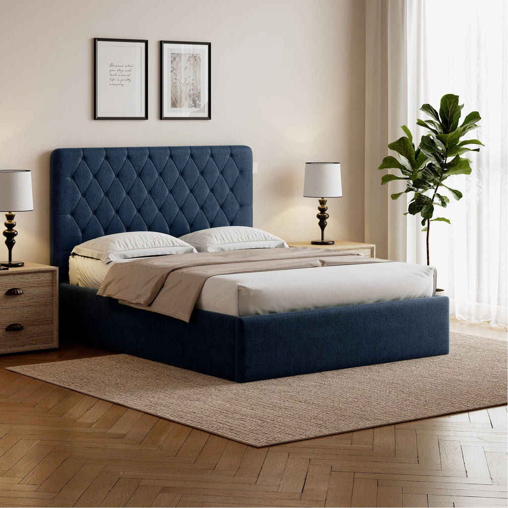 Pneumatic Velvet Bed Ottoman Storage Bed Double / King Bed Lift Up Storage Bed Frame with Tufted Headboard