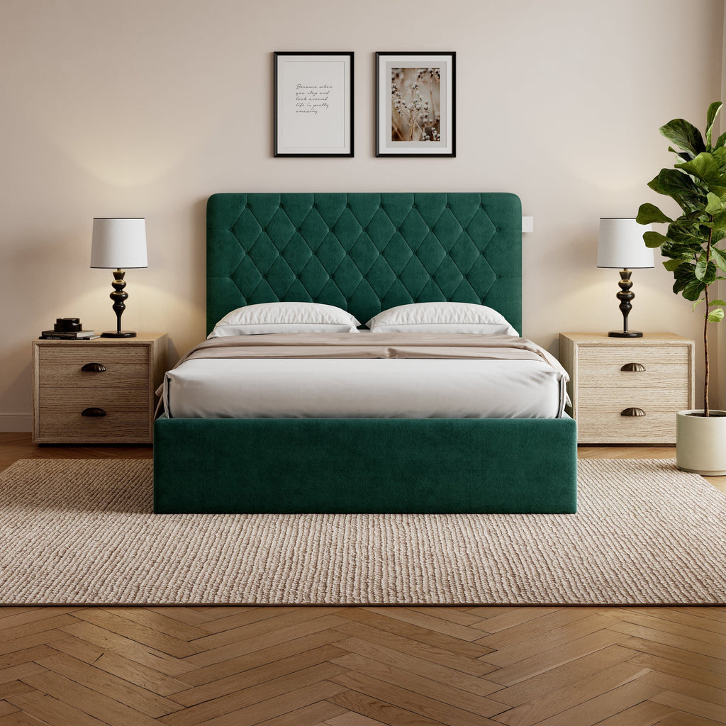 Pneumatic Velvet Bed Ottoman Storage Bed Double / King Bed Lift Up Storage Bed Frame with Tufted Headboard