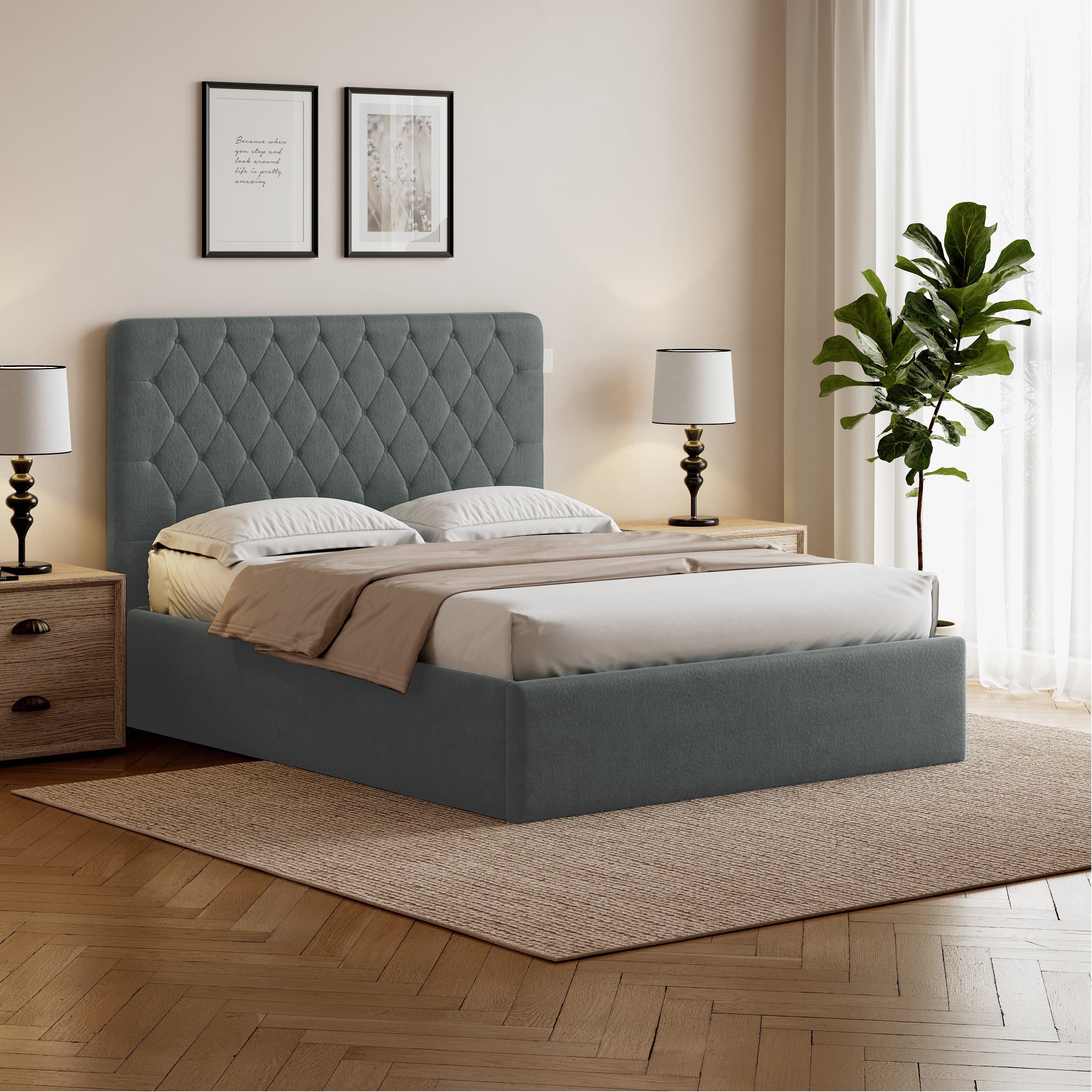 Pneumatic Velvet Bed Ottoman Storage Bed Double / King Bed Lift Up Storage Bed Frame with Tufted Headboard
