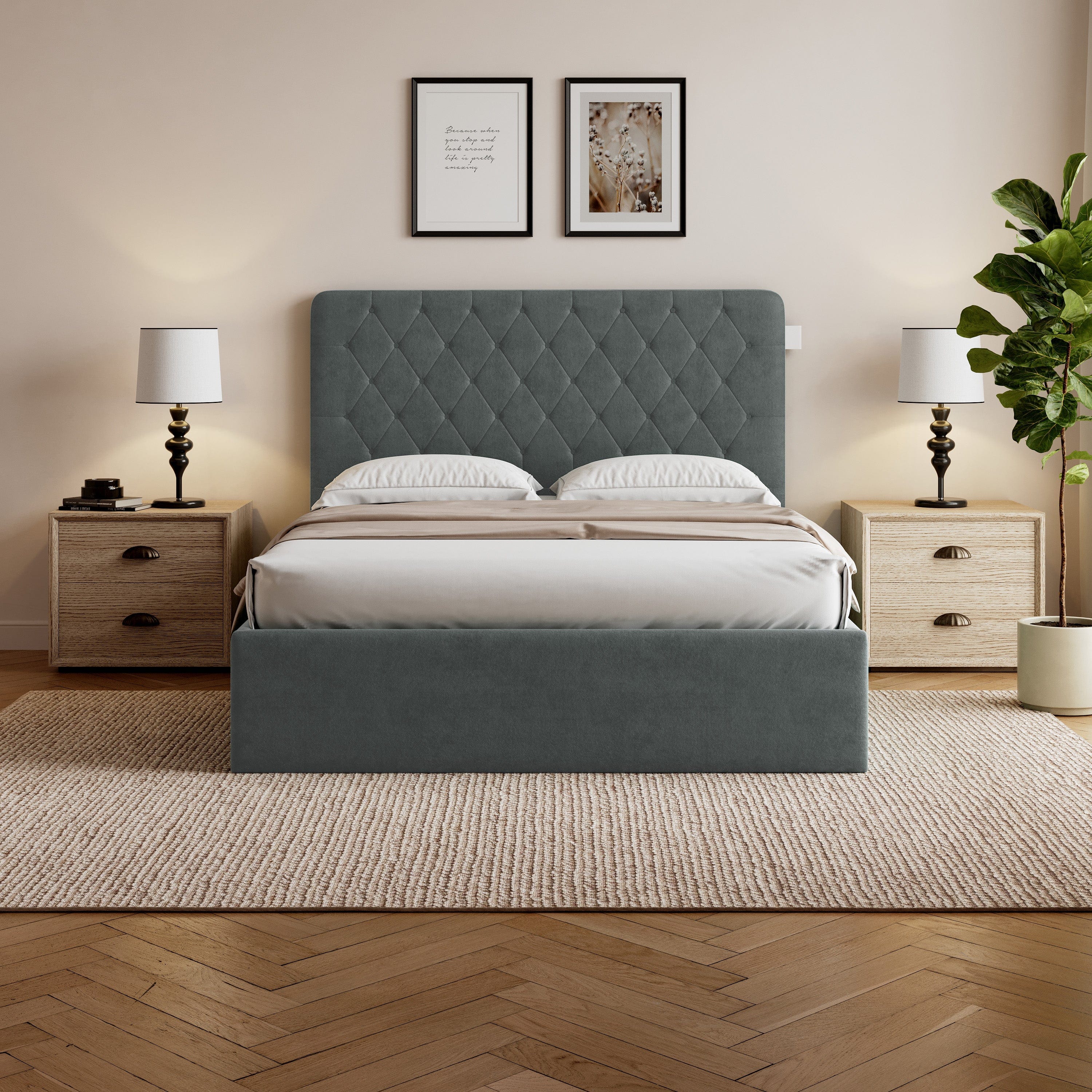 Pneumatic Velvet Bed Ottoman Storage Bed Double / King Bed Lift Up Storage Bed Frame with Tufted Headboard