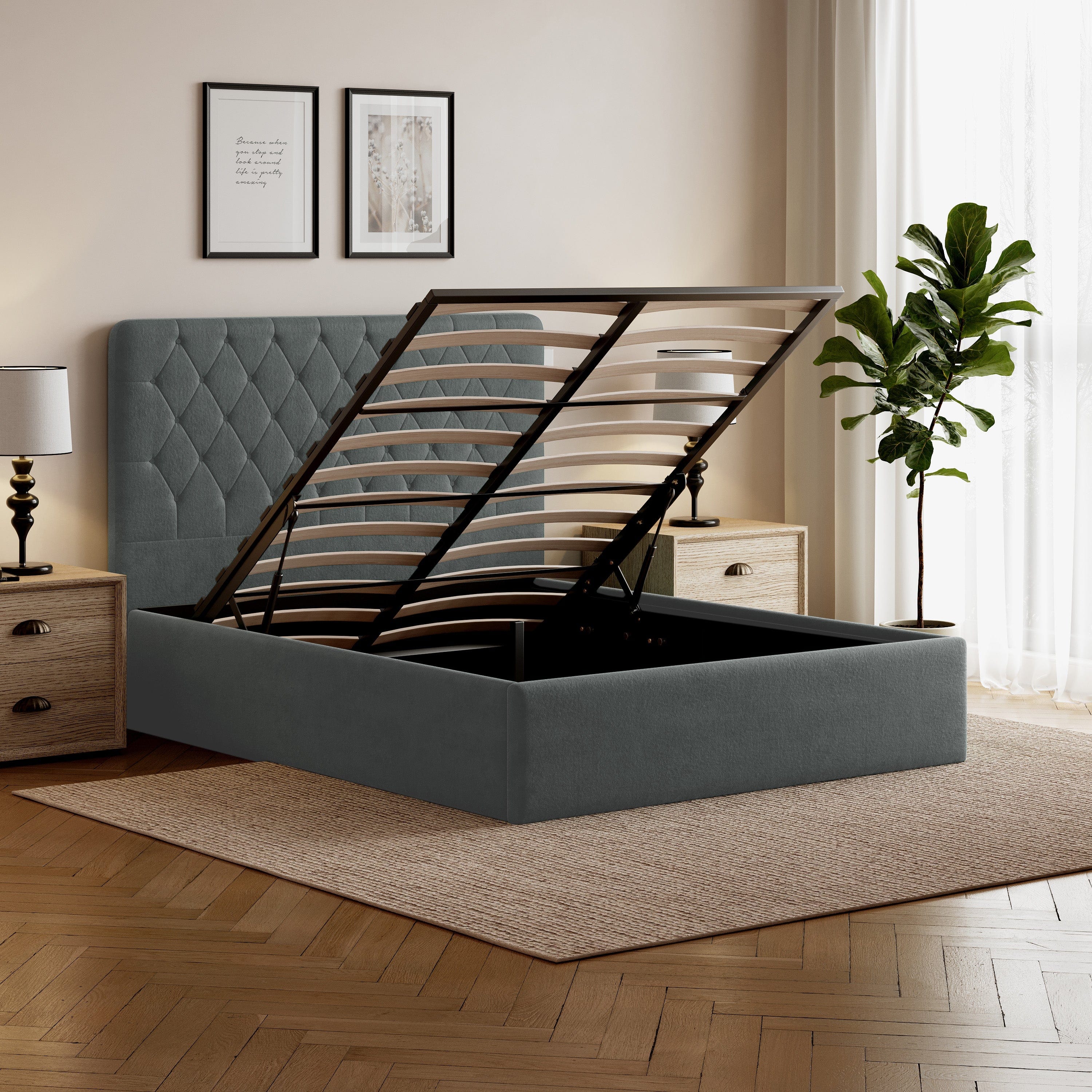 Pneumatic Velvet Bed Ottoman Storage Bed Double / King Bed Lift Up Storage Bed Frame with Tufted Headboard