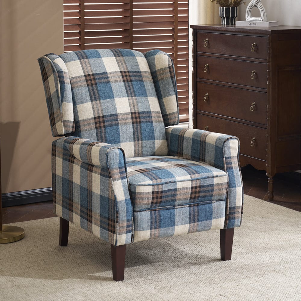 Ascot Wingback Fabric Recliner Chair In Grey/Cream/Blue/Red Tartan