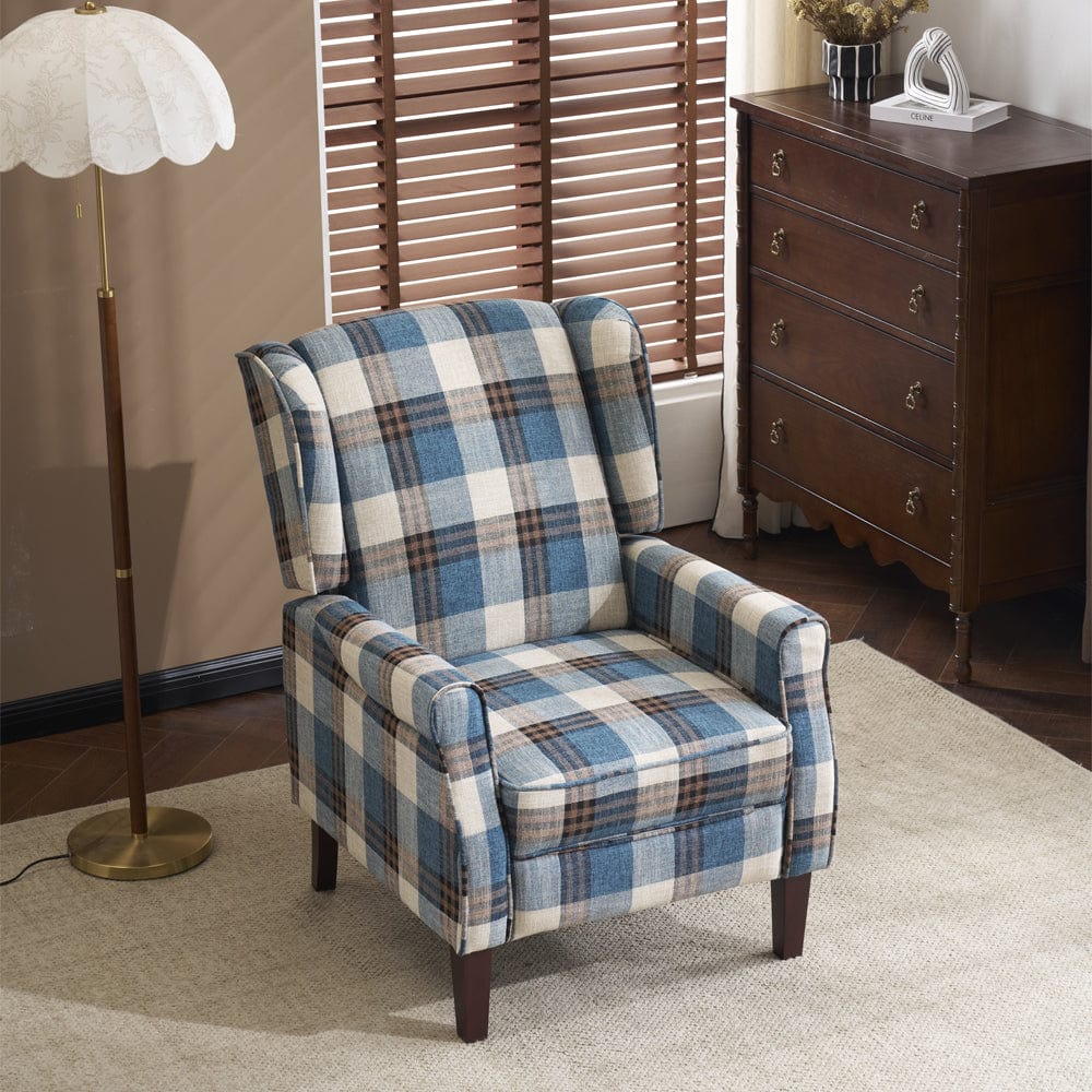 Ascot Wingback Fabric Recliner Chair In Grey/Cream/Blue/Red Tartan