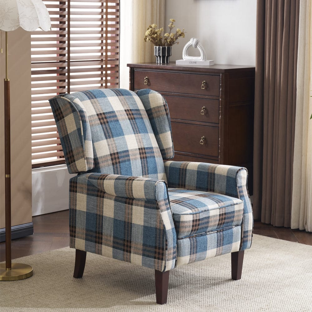 Ascot Wingback Fabric Recliner Chair In Grey/Cream/Blue/Red Tartan
