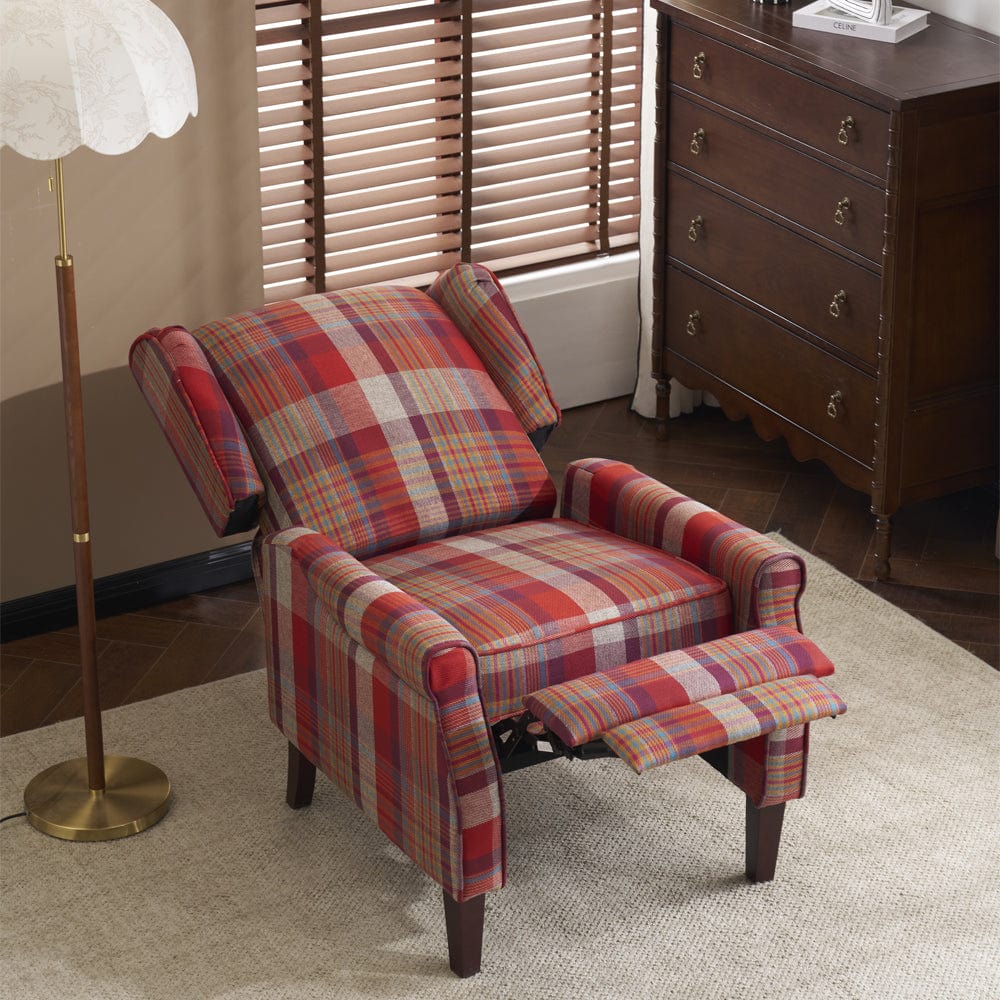 Ascot Wingback Fabric Recliner Chair In Grey/Cream/Blue/Red Tartan