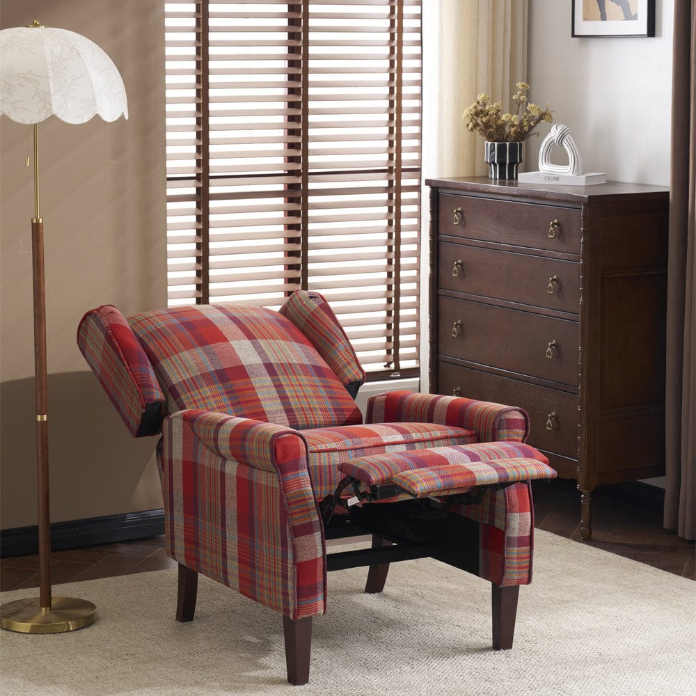 Ascot Wingback Fabric Recliner Chair In Grey/Cream/Blue/Red Tartan