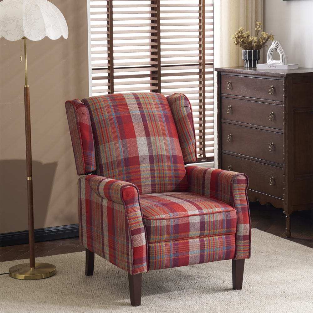 Ascot Wingback Fabric Recliner Chair In Grey/Cream/Blue/Red Tartan
