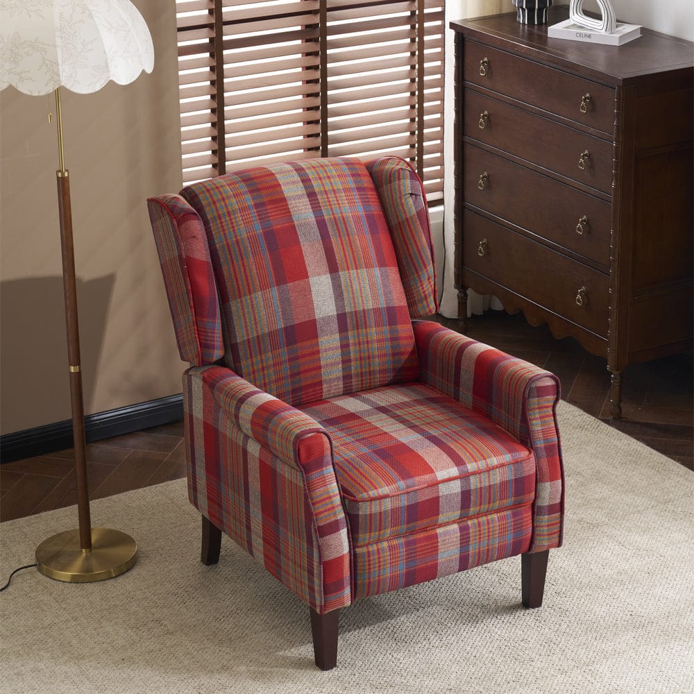 Ascot Wingback Fabric Recliner Chair In Grey/Cream/Blue/Red Tartan