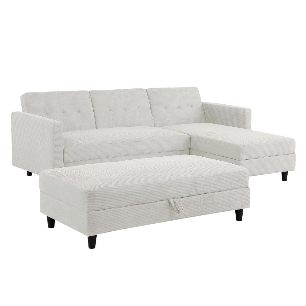 Avery Reversible White Corduroy Corner Sofa With Storage Chaise and Ottoman Bench