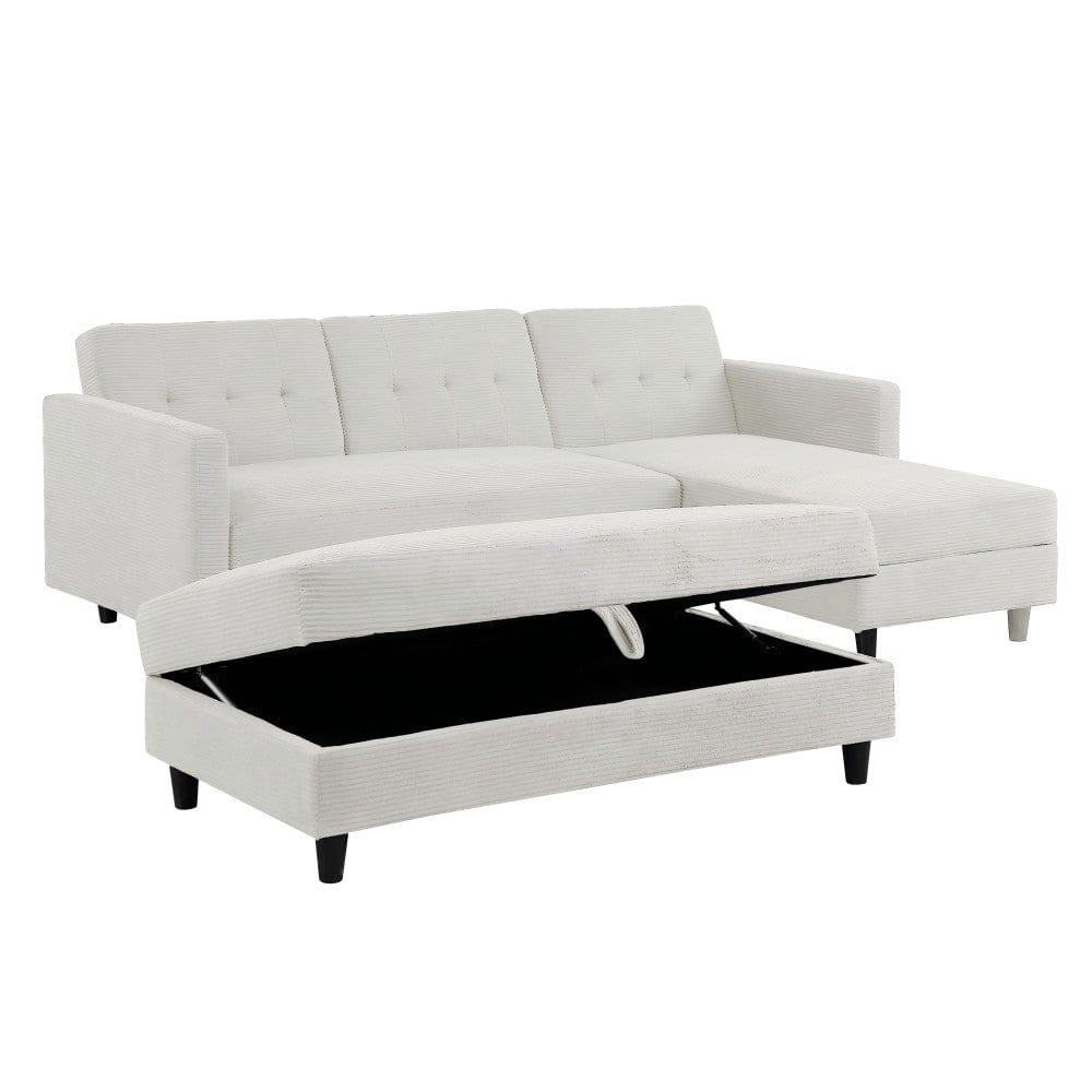 Avery Reversible White Corduroy Corner Sofa With Storage Chaise and Ottoman Bench