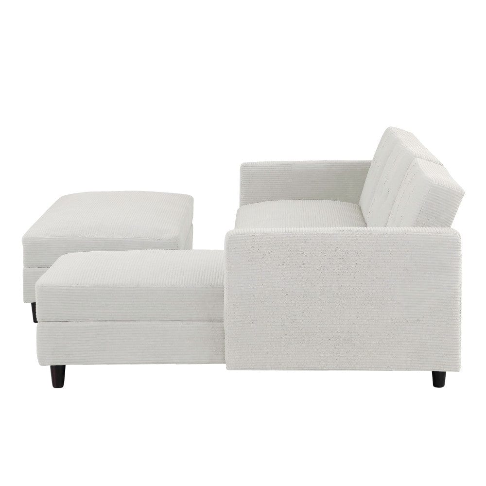 Avery Reversible White Corduroy Corner Sofa With Storage Chaise and Ottoman Bench