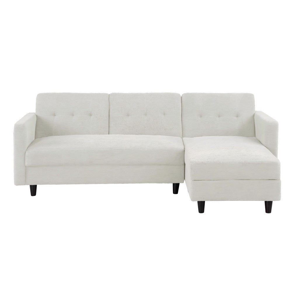 Avery Reversible White Corduroy Corner Sofa With Storage Chaise and Ottoman Bench