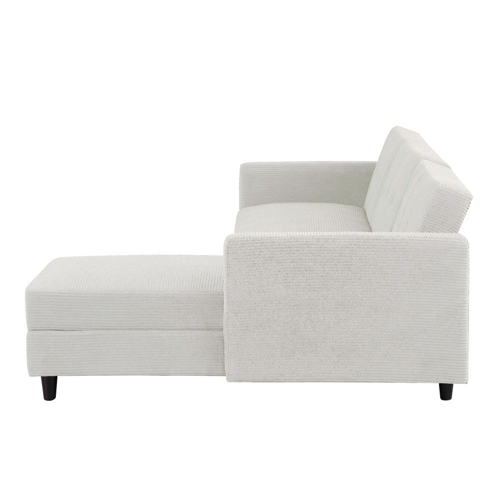 Avery Reversible White Corduroy Corner Sofa With Storage Chaise and Ottoman Bench