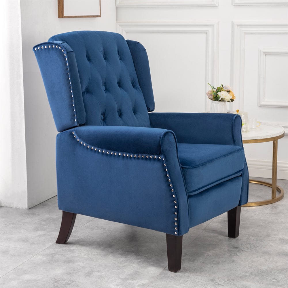 Ascot Studded Wingback Velvet Recliner Chair In Blue