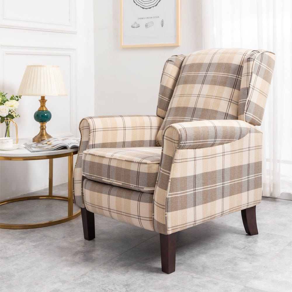 Ascot Wingback Fabric Recliner Chair In Grey/Cream/Blue/Red Tartan