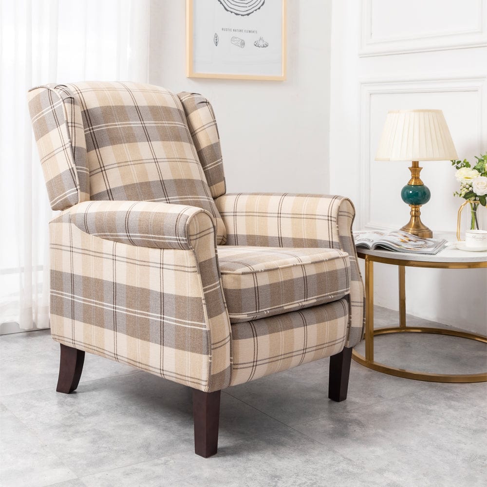 Ascot Wingback Fabric Recliner Chair In Brown Tartan