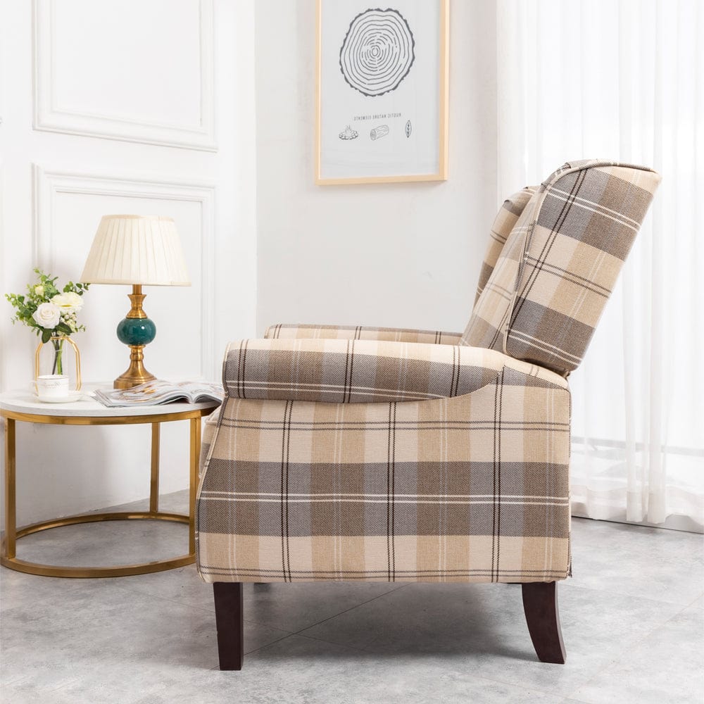 Ascot Wingback Fabric Recliner Chair In Brown Tartan