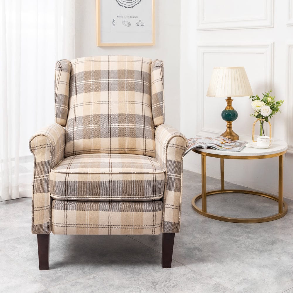 Ascot Wingback Fabric Recliner Chair In Brown Tartan