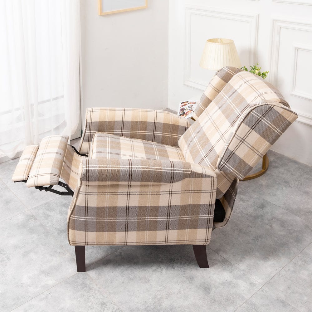 Ascot Wingback Fabric Recliner Chair In Brown Tartan