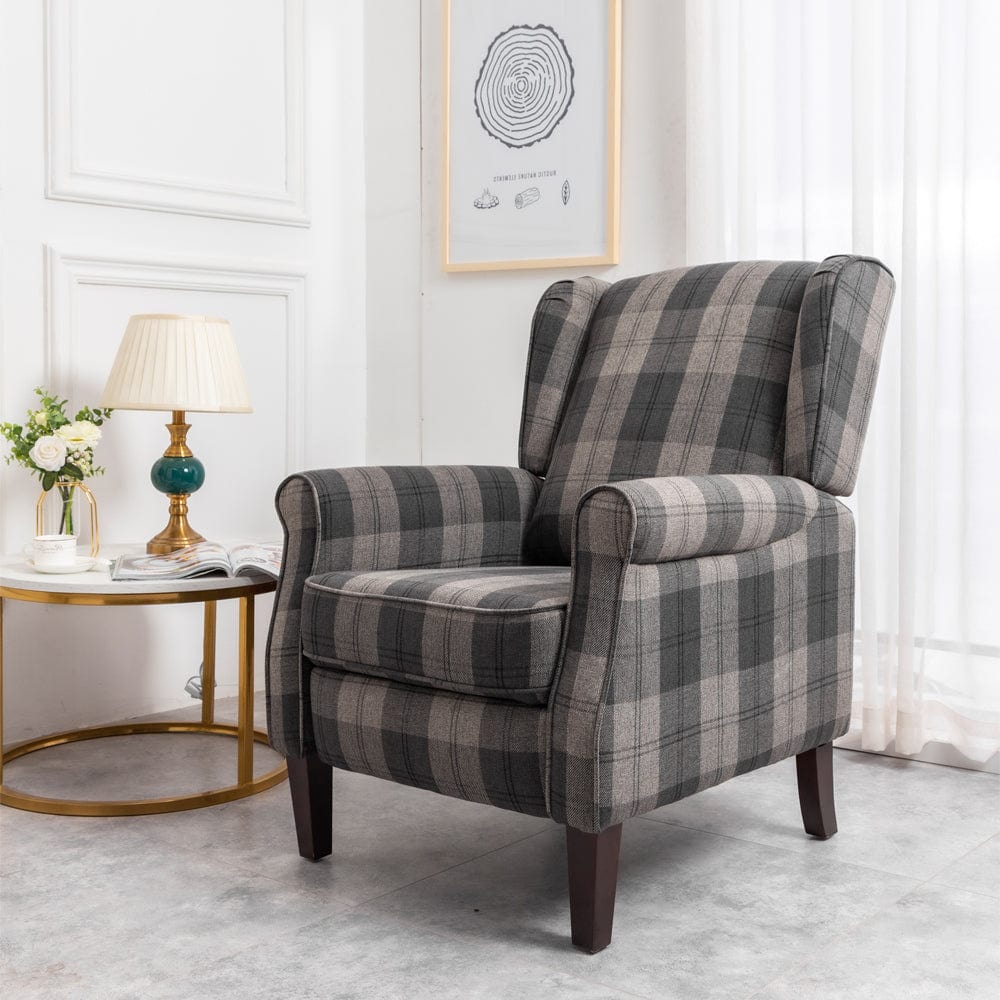 Ascot Wingback Fabric Recliner Chair In Grey/Cream/Blue/Red Tartan