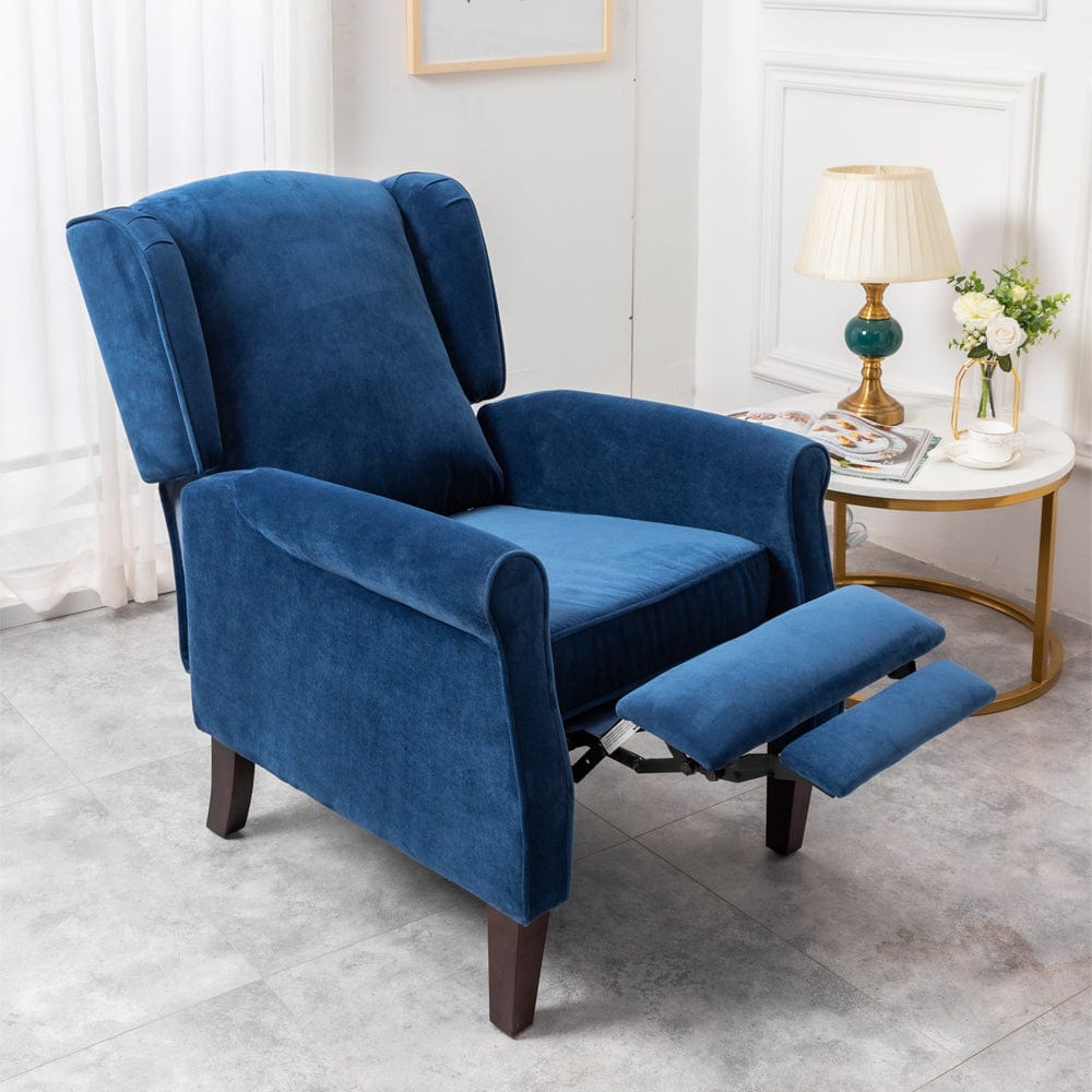 Ascot Wingback Velvet Recliner Chair In Blue