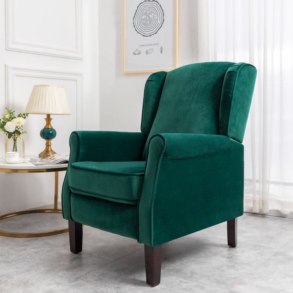 Ascot Wingback Velvet Recliner Chair In Green