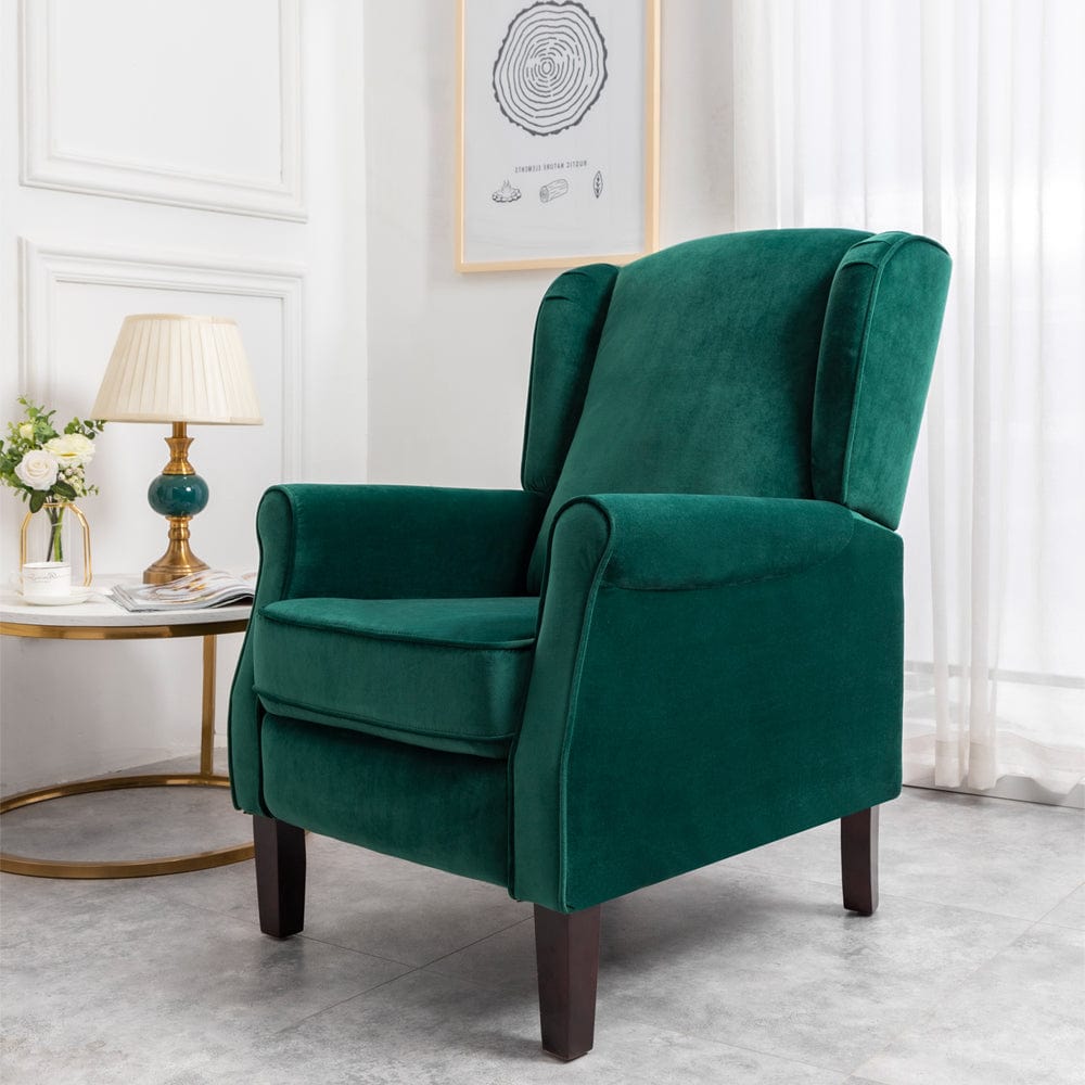 Ascot Wingback Velvet Recliner Chair In Green
