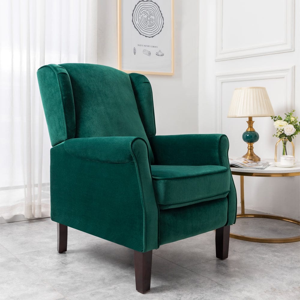 Ascot Wingback Velvet Recliner Chair In Green