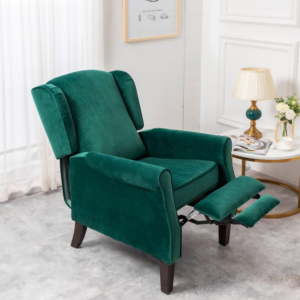 Ascot Wingback Velvet Recliner Chair In Green