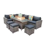 Barcelona Rattan Garden Furniture 9 Seater Corner Sofa Set with Fire pit Dining Table in Black Or Grey