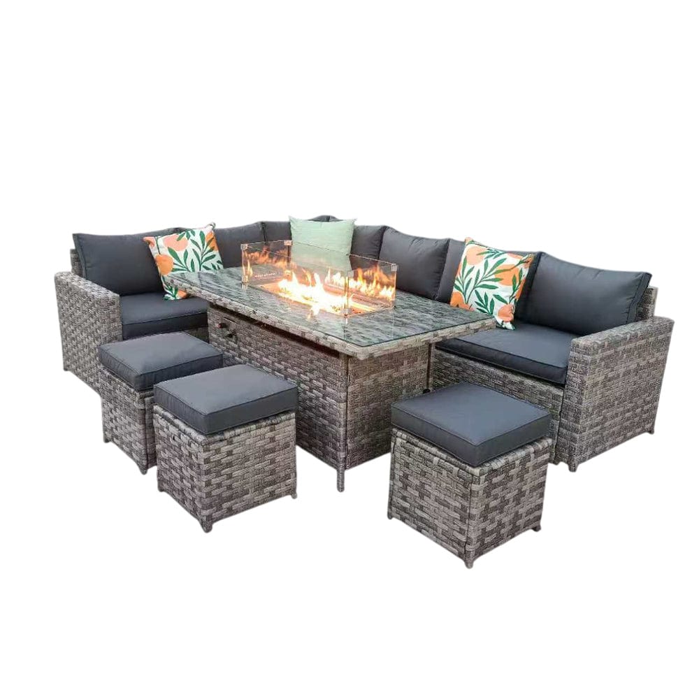 Barcelona Rattan Garden Furniture 9 Seater Corner Sofa Set with Fire pit Dining Table in Black Or Grey