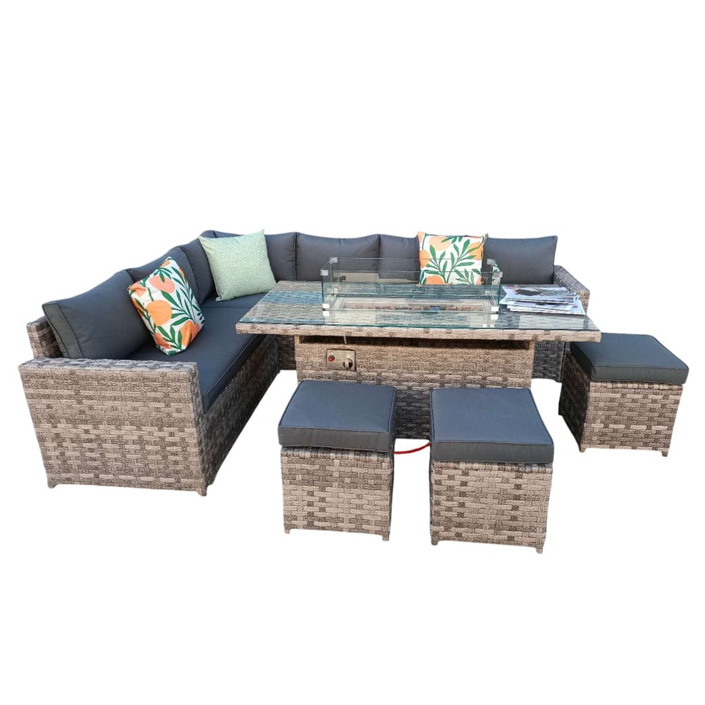 Barcelona Rattan Garden Furniture 9 Seater Corner Sofa Set with Fire pit Dining Table in Black Or Grey