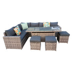 Barcelona Rattan Garden Furniture 9 Seater Corner Sofa Set with Fire pit Dining Table in Black Or Grey