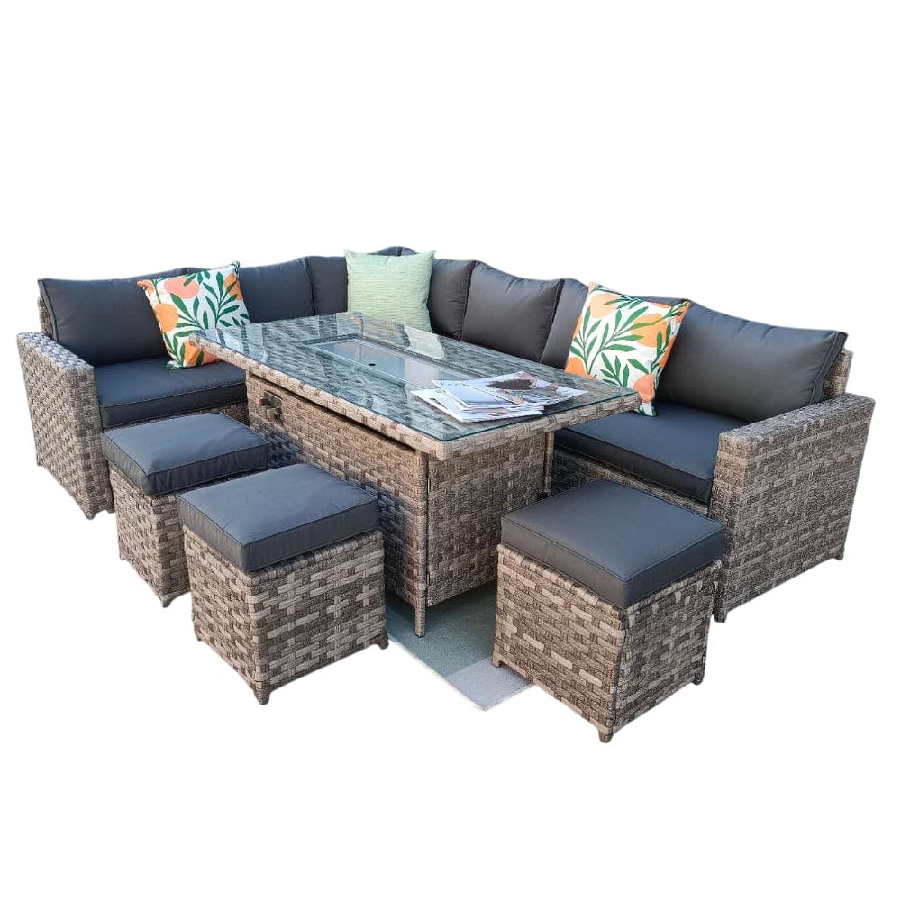 Barcelona Rattan Garden Furniture 9 Seater Corner Sofa Set with Fire pit Dining Table in Black Or Grey