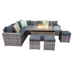 Barcelona Rattan Garden Furniture 9 Seater Corner Sofa Set with Fire pit Dining Table in Black Or Grey